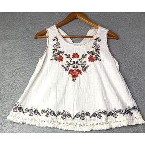 Max Studio Womens Size Medium Sleeveless Top Embroidered Tassel Fringe Cotton